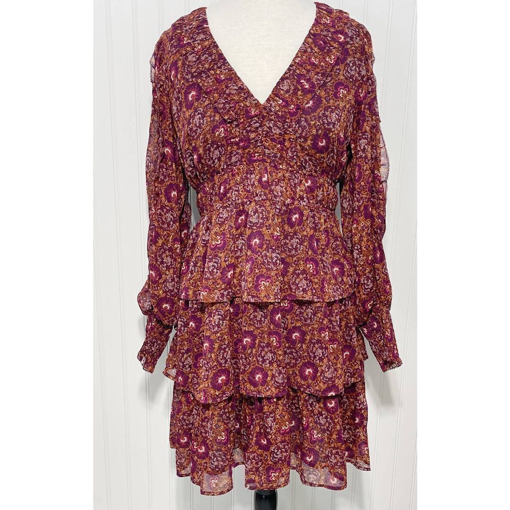 House of Harlow 1960 Batik‎ Print V-Neck Mini Ruffle Tiered Dress Berry 10